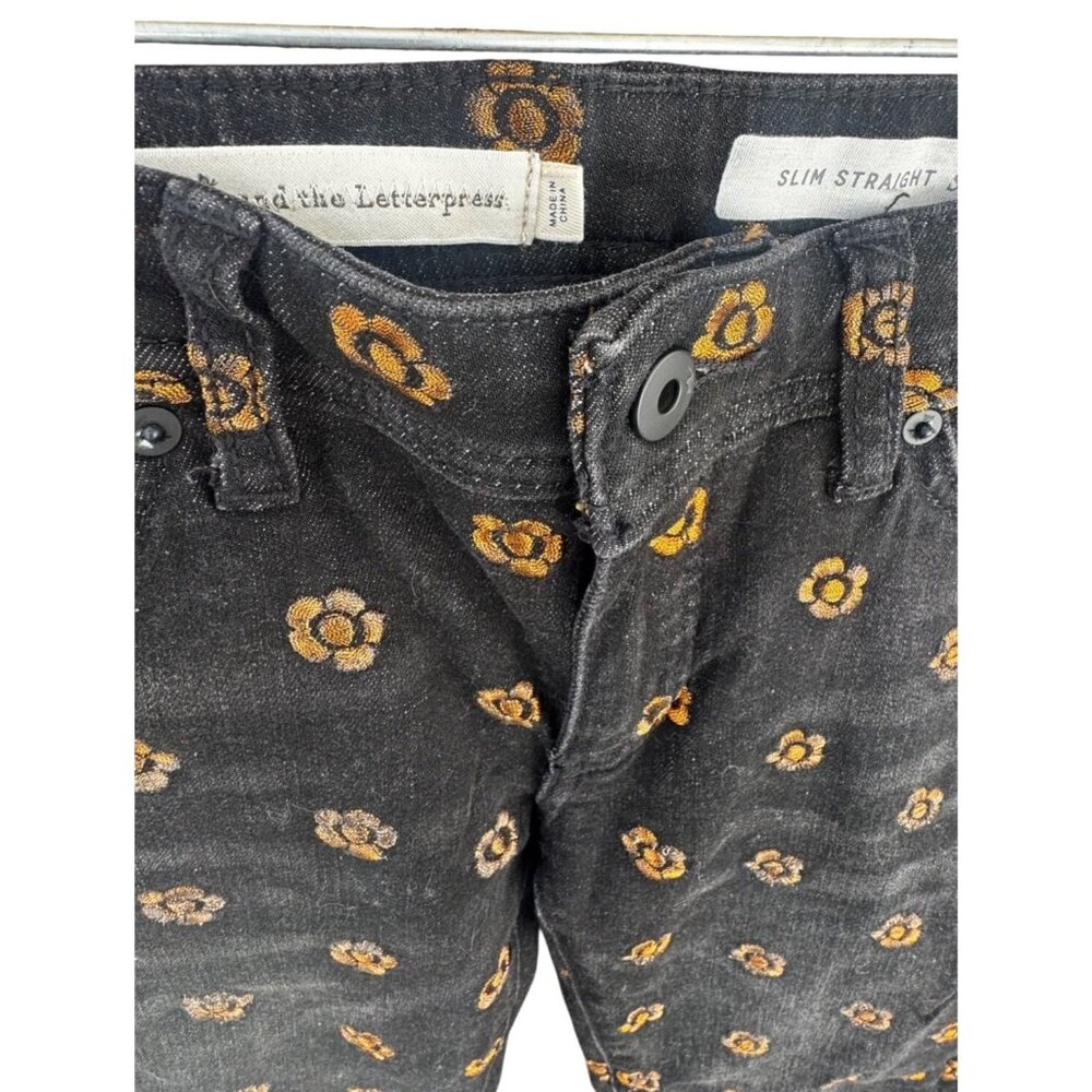 Pilcro & the Letterpress Black Jeans Sz 25 Slim Straight Gold Floral Embroidered - Picture 3 of 11